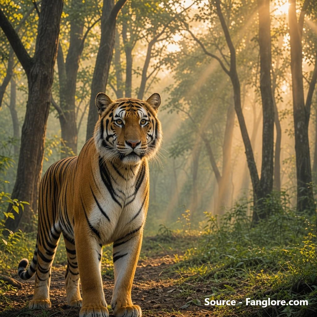 A majestic Bengal tiger standing peacefully in an Indian forest, symbolizing tiger conservation and the legacy left by Jim Corbett.