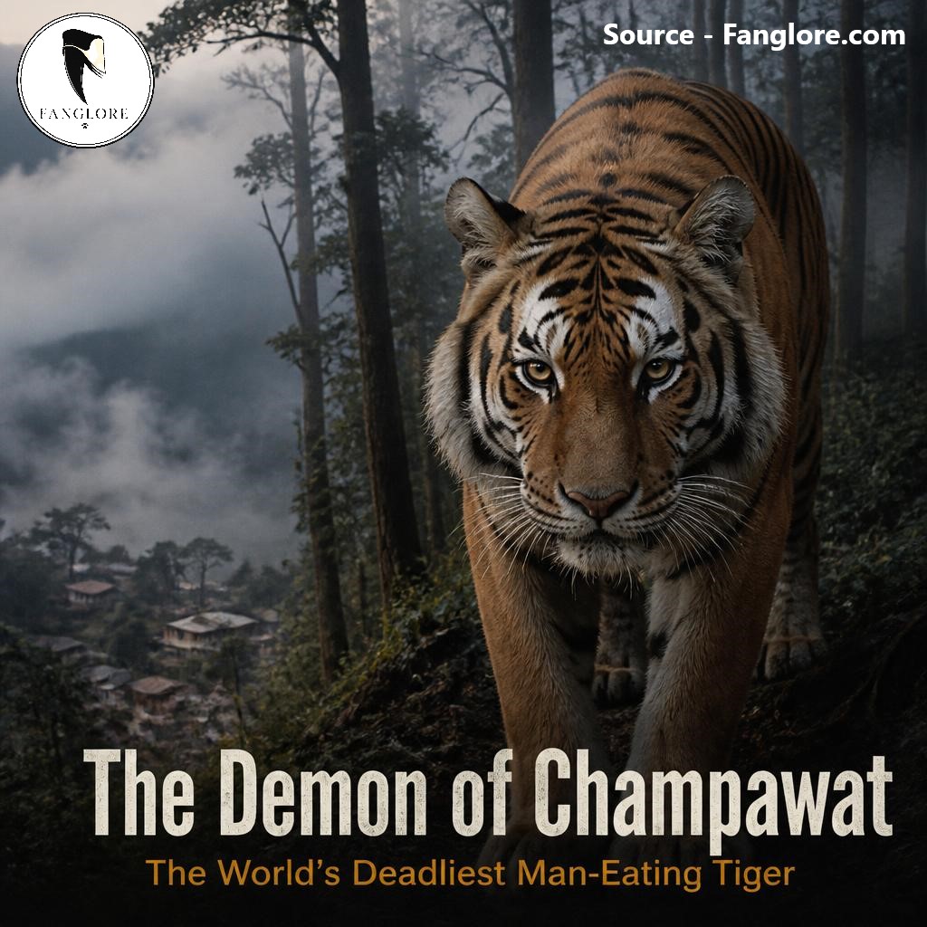 The Demon of Champawat, a Bengal tigress emerging from a misty Himalayan forest, representing the world's deadliest documented man-eating tiger.