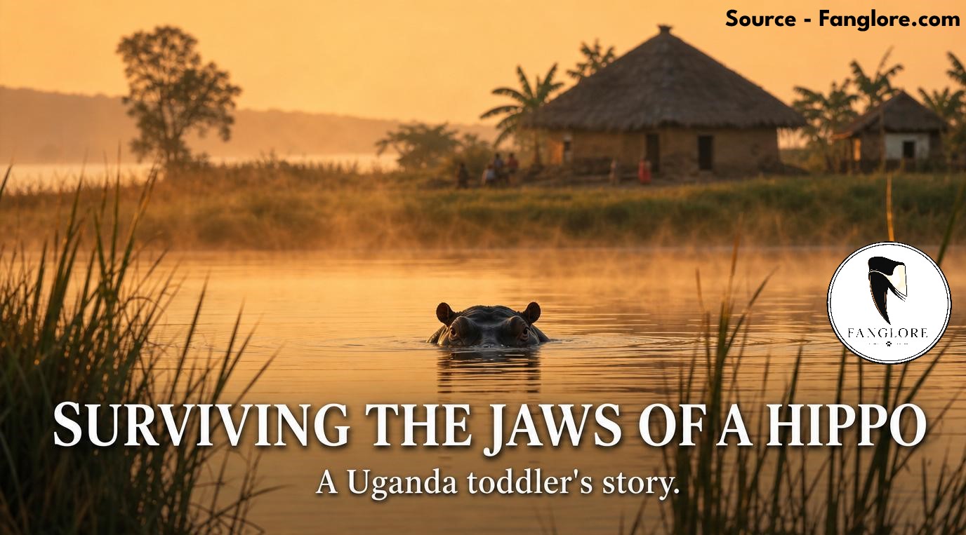 Hippo surfacing at golden hour in Lake Edward, Uganda, near a lakeside homestead, with text overlay "Surviving the Jaws of a Hippo